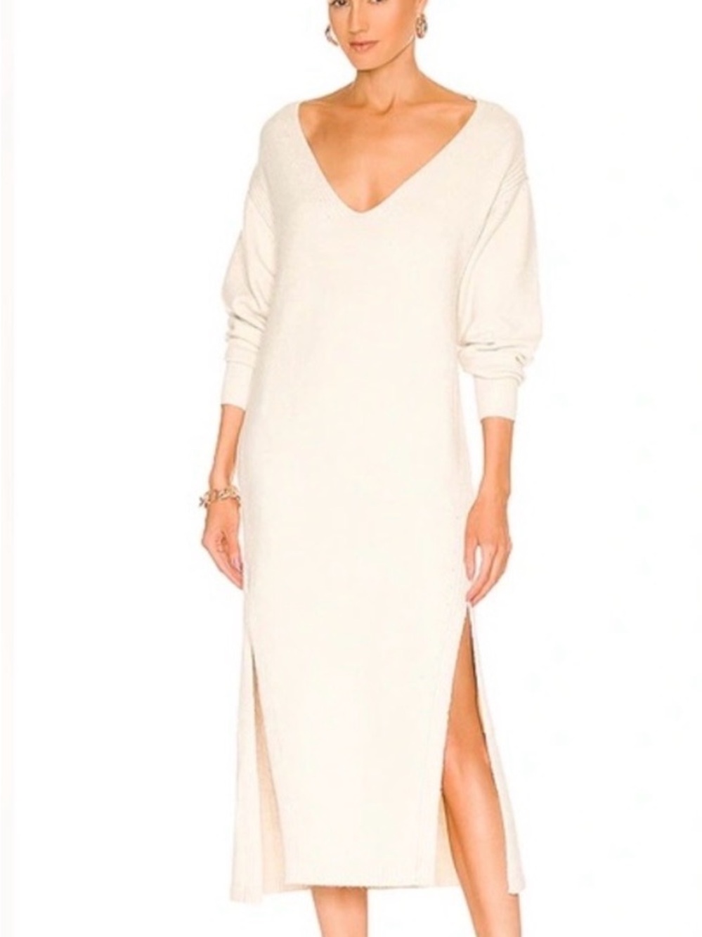 Free People x REVOLVE Willow Oatmeal Heather Cream V-Neck Knit Maxi Dress